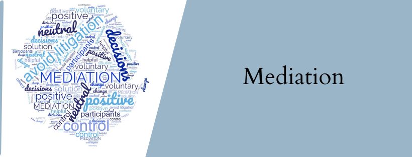 Mediation terms word art and title of medation in a blue block header